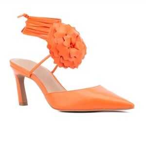 NY&C Orange Floral Kitten Heel Sandal Wrap Ankle Strap Women's Size 9